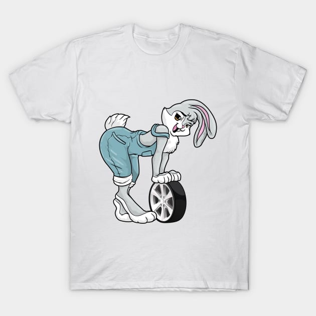 Rabbit as car mechanic with tires T-Shirt by Markus Schnabel